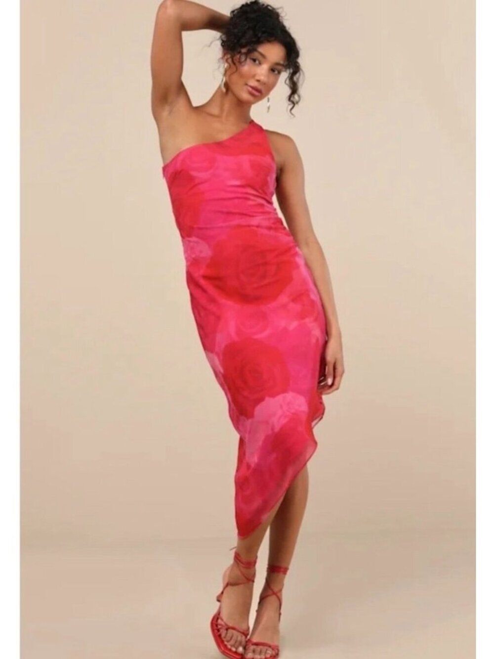 NWT Lulus Pretty Serene Pink Floral One Shoulder Asymmetrical Midi Dress - Med